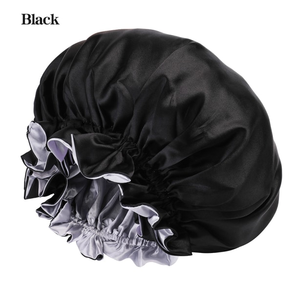 Sidenmössa, elastisk nattmössa, bredbrättad enfärgad cap, skönhetssalongsmössa - svart