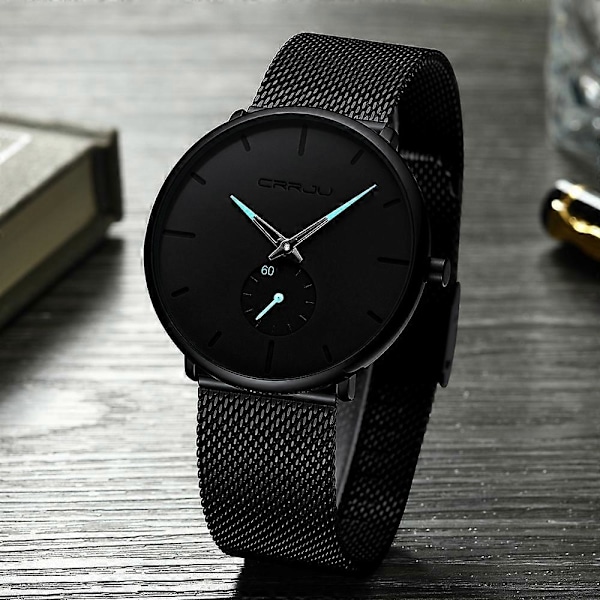 2150 Vattentät Rund Urtavla Små Sekunder Legering Mesh Armband Kvarts Klocka för Män