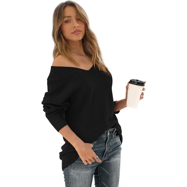 2023  Dame Off-Shoulder V-hals Sweater Løs Bat Wing Langærmet Strikket Sweater Pullover