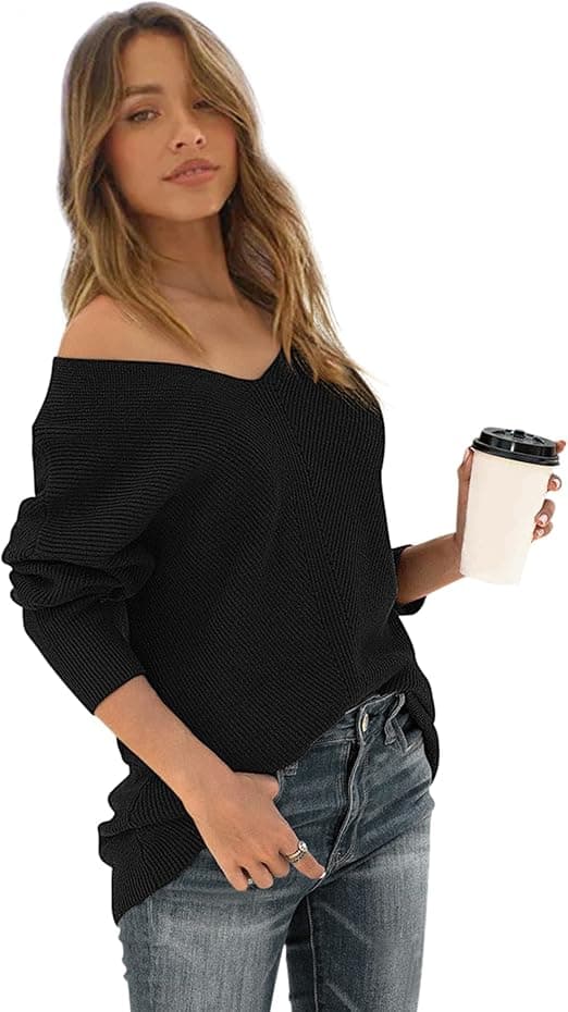 2023 Damtröja med Off-Shoulder V-ringning, Löst Batwing-ärmar, Långärmad Stickad Tröja, Pullover