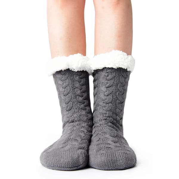 Furry varma stickade socktofflor med halkfri grå