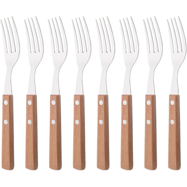 19.32.51cm Middagsgafflar Set om 8, 304 Rostfritt Stål Silverware Gafflar, Bordgafflar Salladsgafflar Set, Spegelpolering Middagsgaffel med Trähandtag,