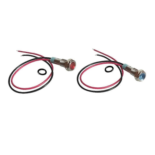 2 st 6mm 12V Signalströmförsörjning LED Metallindikatorlampa Förtrådad Blå+Röd