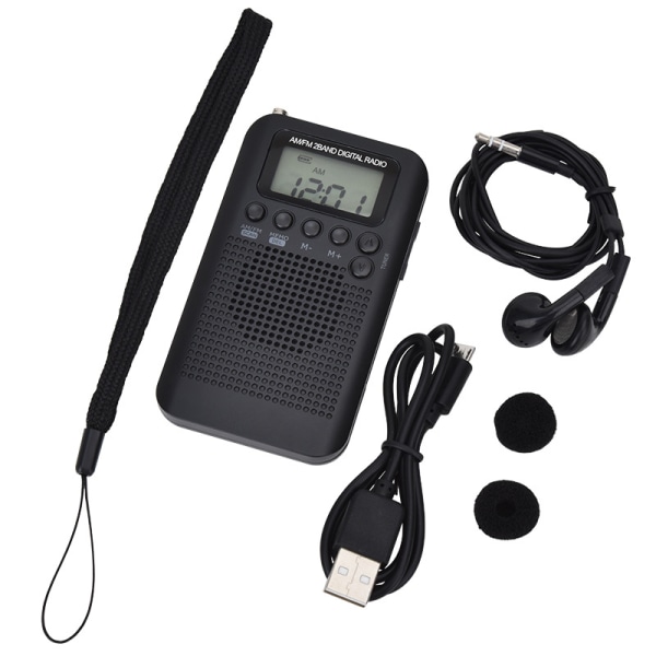 Portable External Speaker Radio Small FM/am Digital Display Portable Emergency Lighting (Black)
