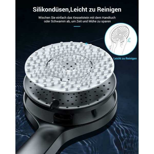 Vannbesparende dusjhode, høytrykksdusjhode, stort (130 mm diameter) vannbesparende dusjhode - med 3 strålemønstre - høytrykks hånddusj