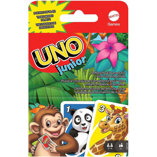 Uno Junior brætspil og 56 kort med dyredesign, til børn fra 3 år og derover, Gkf04