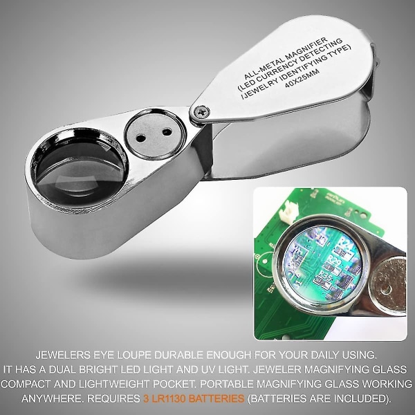40x juvelerlup foldeforstørrelsessmykker Øjenlup med LED-lys oplyst (led valutaregistrering/smykkeidentifikationstype Lupe)
