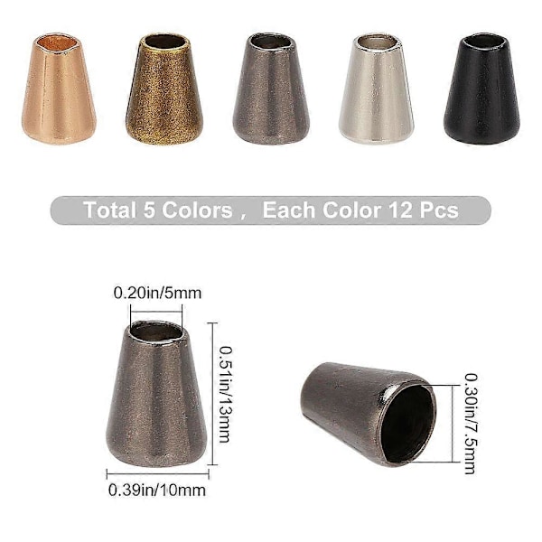 5 farver 60 stk. zinklegering snoreender kegle snor reb lås hættetrøje snøre udskiftning snorende lås metal snøre reb stopper til lanyard tøj