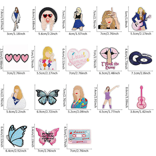 18 pak Taylor Swift Brodererede Stryge-på-lapper, DIY Sy Appliqué Lap, Sy På/Stryge På Lap til Jakker, Jeans, Bukser, Rygsække, Tøj