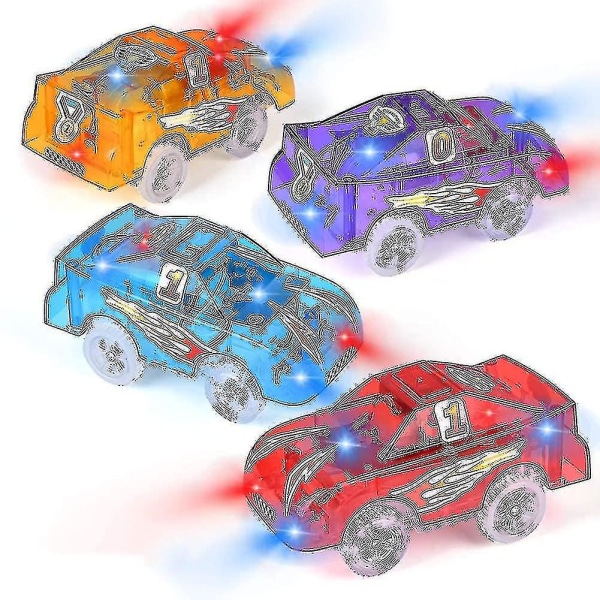 4 kappaleen korvaavat rata-autot, jotka syttyvät lelukilpa-autoihin, joissa on 5 LED-salamaa Ruikalucky LONG