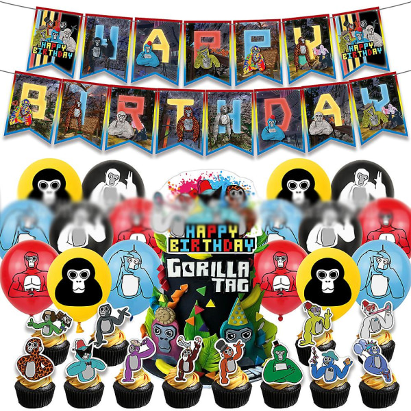 Gorilla Tag -syntymäpäiväjuhlien sisustus- ja set sisältää Happy Birthday -bannerin, kakun/kuppikakkupäälliset, ilmapallot, Gorilla Tag -teemajuhlien suosion