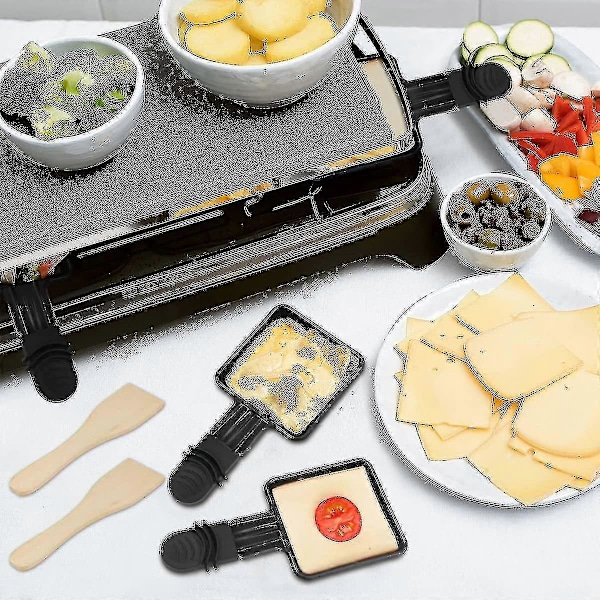 4 stk. Raclette-skåle til grill og 4 stk. Raclette-spatel i træ Polon Raclette Grill Non-stick belægning i støbejern Mini tallerken med isoleret håndtag