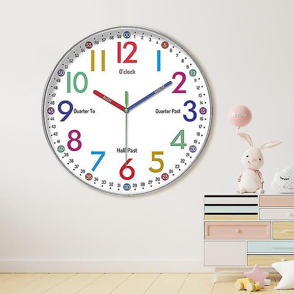 Analog Lärklocka för Barn - Barnväggklocka - Pedagogisk Väggklocka, Diameter 30cm Lärurtavla, Tyst-hao