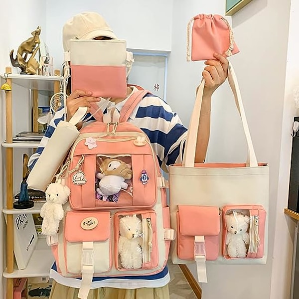 5-delad kawaii-skolryggsäck i canvas - set för tjejer