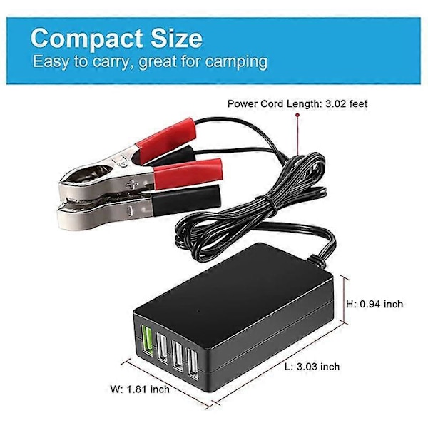 Bærbar DC med batteriklemme, 12V/24V til 5V 4-Port USB-lader Multiport Adapter Andre Smarttelefoner og Nettbrett 12