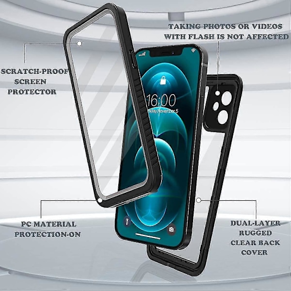 iPhone 12 Vanntett Etui, Vanntett støtsikker støvtett IP68 Full-body Hard Case Innebygd skjermbeskytter Under vann Utendørs Vanntett Deksel For I