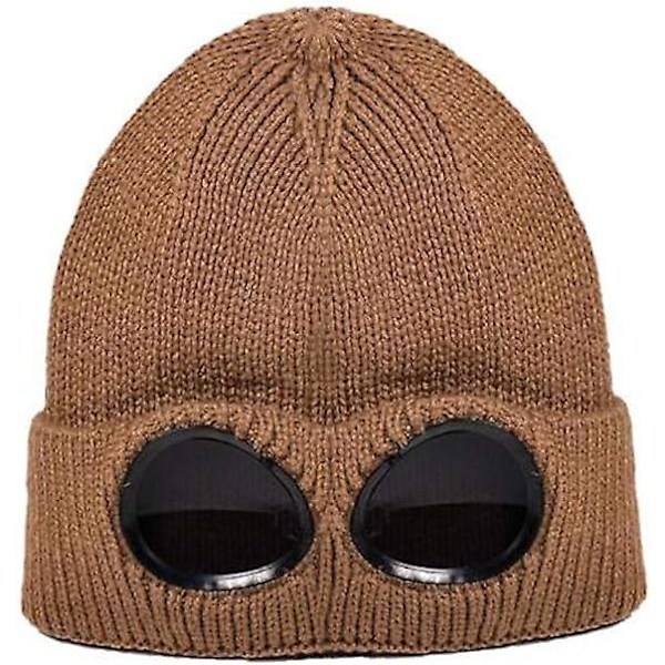 Unisex Fleece Ski Caps Beanie Vinterlue med Goggles Strikket Varme Ullhatter Snø Ski Hodeskalle Utendørs Caplight Kaffe