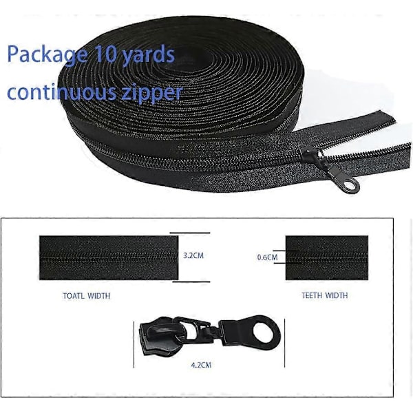 10 Yards Bulk Lynlåse #5 Nylon Spiral Lynlåse pr. Yard med 20 stk Lynlåsskydere til DIY Syning Håndværk Tasker (Sort) sort
