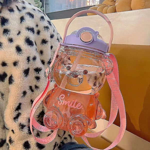 Björnhalmflaska Tecknad barnvattenflaska Transparent Läcksäker Återanvändbar vattenflaska Pink 1400ml