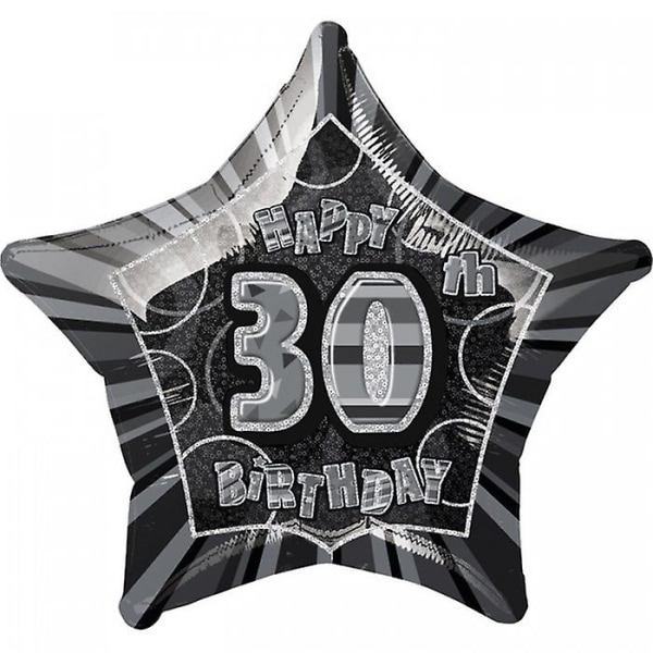 20 tuuman tähden muotoinen ilmapallo. Musta & hopea. Sisältää Happy 30th Birthday -suunnittelun. Toimitettu asunto. Juhli tyylikkäästi!