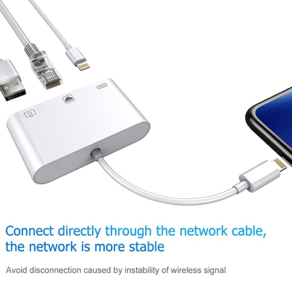 Moniliitinsovitin iPhonelle ja iPadille Lightning-Ethernet-, USB- ja Lightning-liitännöillä
