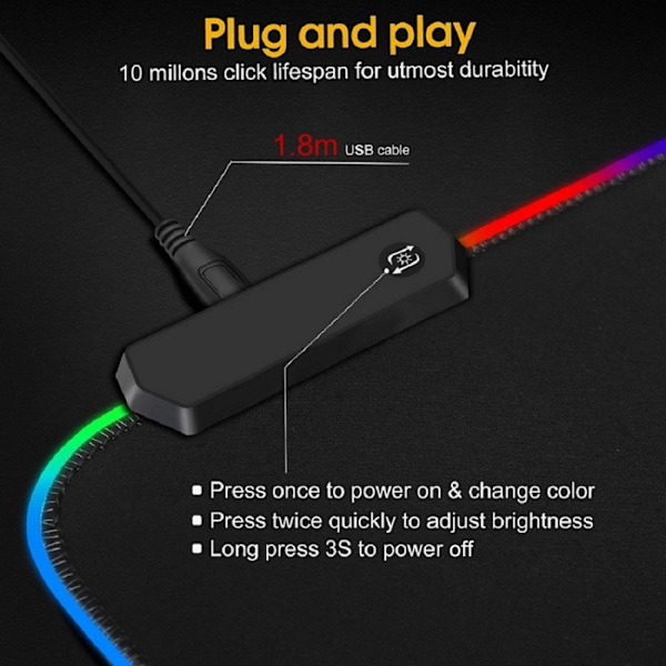 Gaming Musmåtte med LED-lys - 80x30cm - RGB Sort