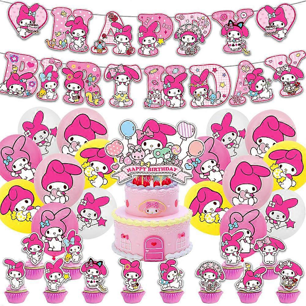 Sanrio My Melody Barn Dekorationer för Barn Flickor Söt Cartoon Anime Födelsedagsfest Ballonger Kit Banner Tårta Topper Tillbehör Set