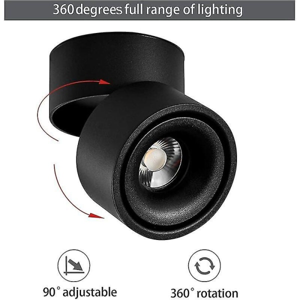 Innendørs 10w LED-spotlight 360 justerbare takspotter Downlight/overflate montert Cob-belysning Led/10x10cm/aluminium vegglampe eller spotlight (svart-4000k)