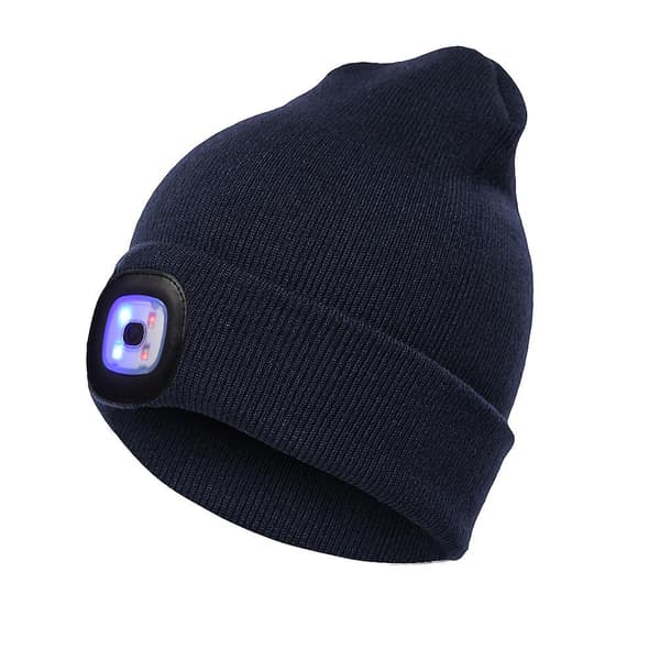 LED Vinterlue Menns Vinterlue LED Beanie 4 LED Hodelykt Lue LED Hodelykt Vinterstrikket Lue marineblå