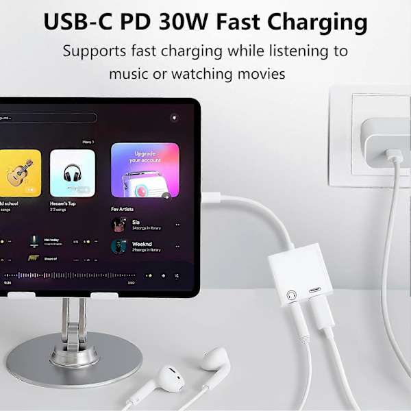 USB-C till 3,5 mm Hörlurar och Laddare Adapter 2-pack, 2-i-1 USB-C till Aux Jack Dongle Kabel med PD Snabbladdning