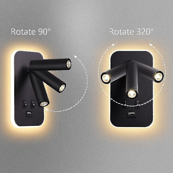 LED væglampe, sengelampe med afbryder, USB-opladningsport, justerbar spotlight til soveværelsesbelysning (3w 3000k + 9w 6000k) sort