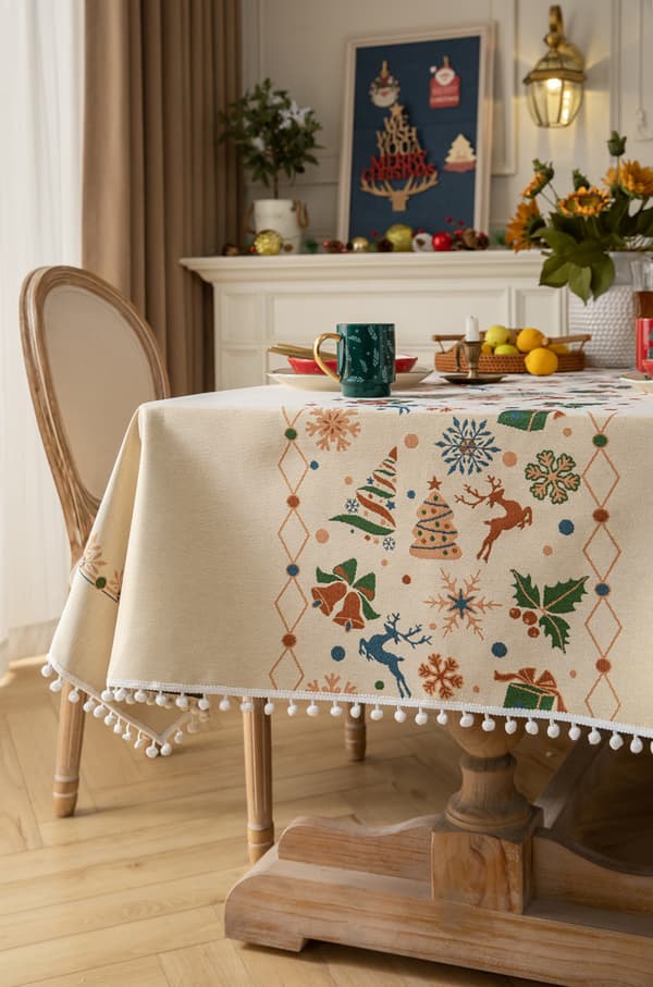 Julepynt, hvid dug med farvede jacquardgarner, rektangulær sofabordsdug, spisebordsdug, 140x180cm