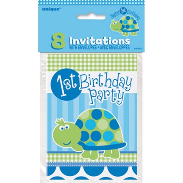 Pakke med 8 invitationer med 1. fødselsdagsfest og skildpaddedesign.