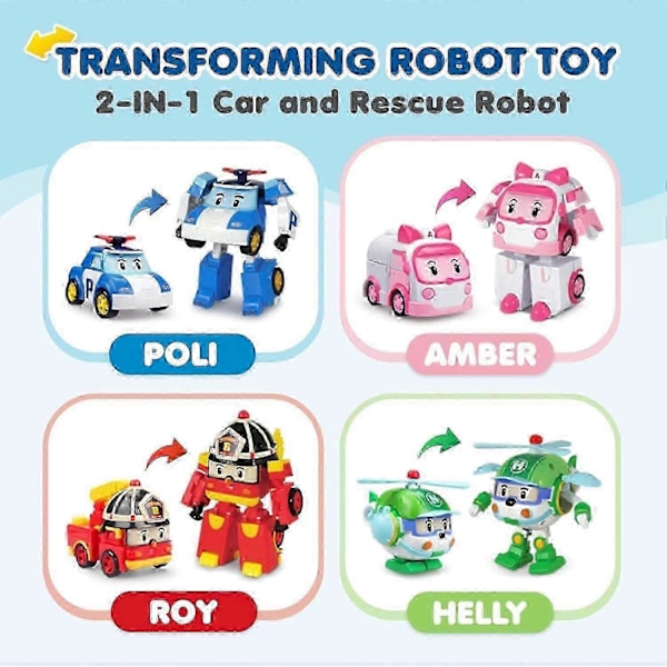Robocar Poli 4-pakning Poli + Amber + Roy + Helly Transformerende Robotleker, 10 cm Transformerbar Actionfigurleke, Redningskjøretøy LekeSett, Julebursdag