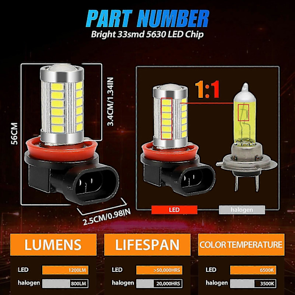 WJTG 4x H11 H9 H8 LED Frontlykt Kit Fjern/Nærlys Tåkelys Kjørelys Pærer 6500K Xenon HvitJ