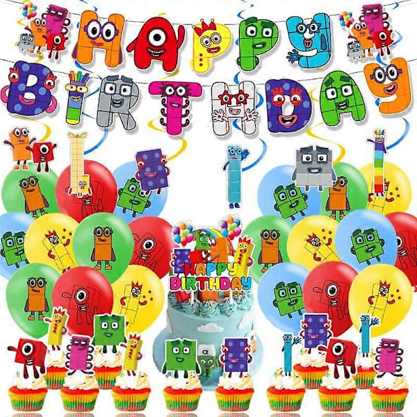 Numberblocks Fødselsdagsfestartikler, Number blocks Fødselsdagsbanner - Kage- & Cupcake Toppers - 20 Latex Balloner til Numberblocks Festdekoration