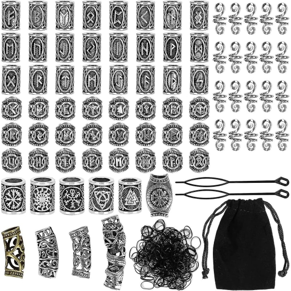 80 Rune Perler Sæt Med 300 Gummibånd, Viking Beard Perler, Antikke gør-det-selv-hår og skægperler, Nordic Hair-smykker, Flettet Armbånd, LANG vedhæng