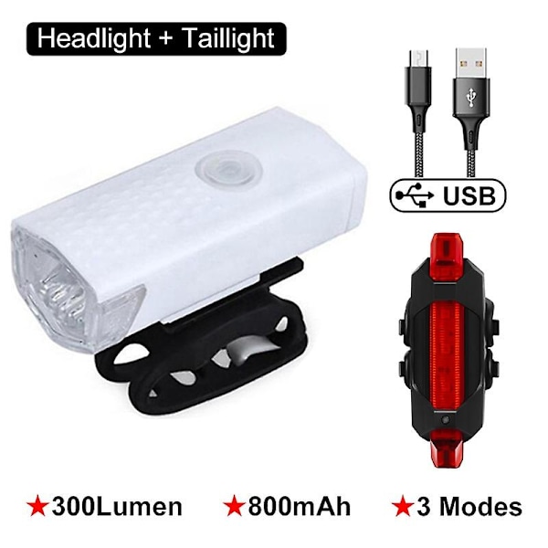 USB-oppladbart sykkellys, vanntett sykkelhodelykt, for- og baklys, sykling