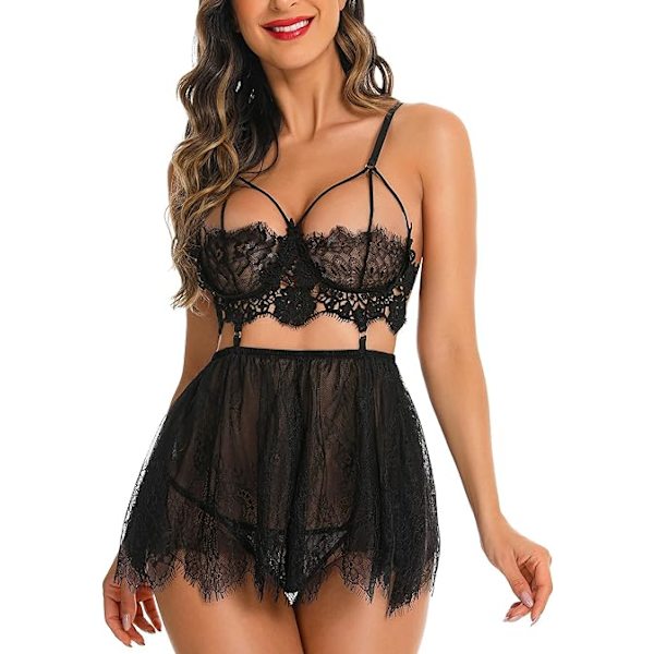 Naisten seksikäs alushame, joka sopii hääyöhön, pyjamaan, waneriin Black XXL