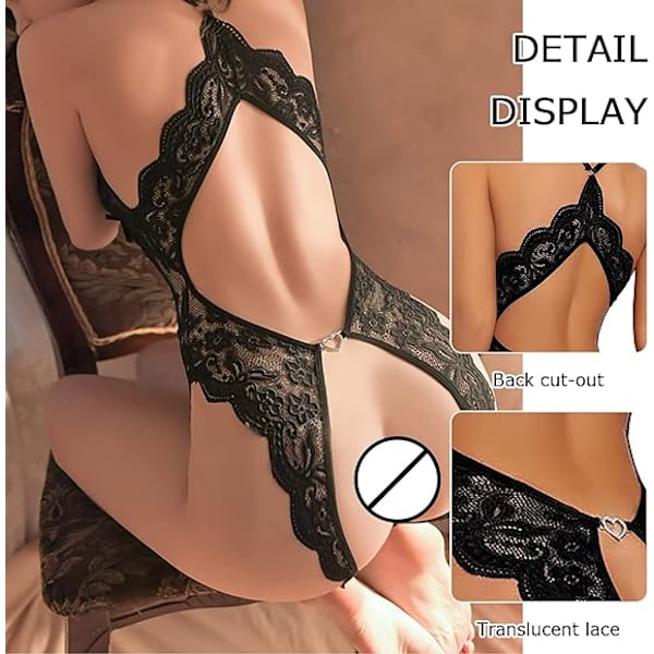 Kvinners Sexy Enkelt Stykke Frekk Undertøy Dyp V-Hals Utringning Transparent Ryggløs Pyjamas Black XL