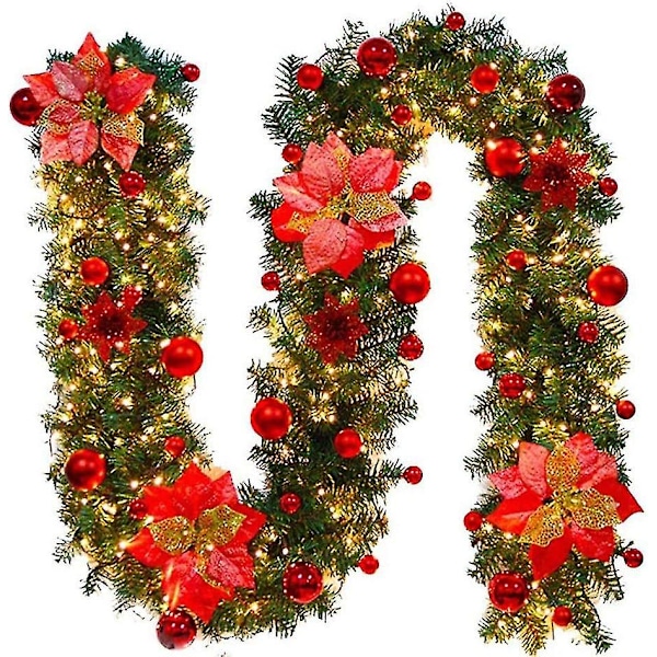 LED-julkrans - 2,7 meter förbelyst krans med julgranskulor och julstjärna - Batteridriven in- och utomhusdekoration för eldstad, trappor, A