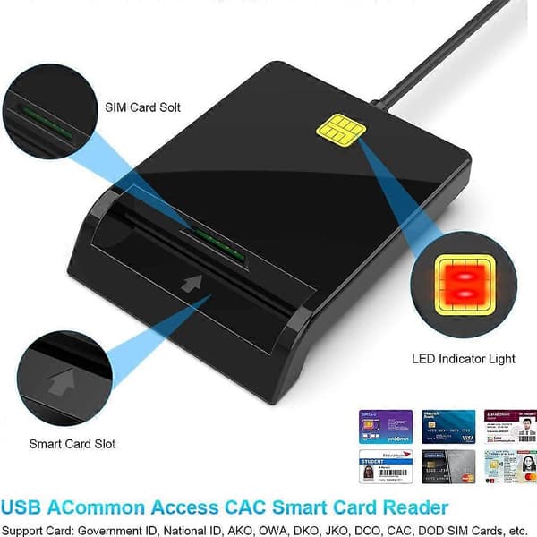 Smart Card Reader DOD Militær USB Common Access CAC, Kompatibel med Windows, Mac OS og Linux