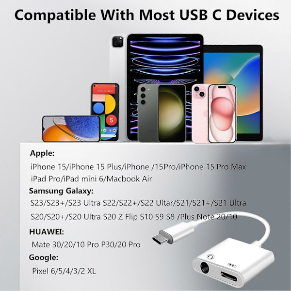 USB-C til 3,5 mm hodetelefon- og ladeadapter 2-pakning, 2-i-1 USB-C til Aux-kontakt Dongle-kabel med PD hurtiglading