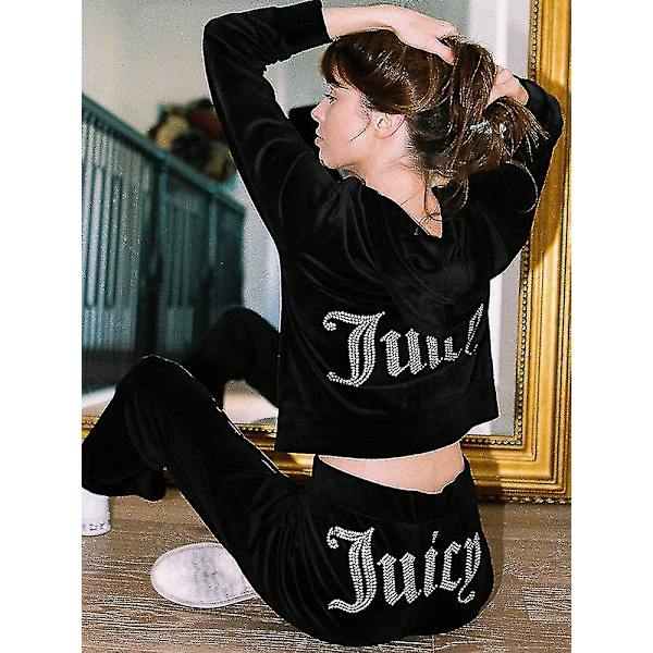 Velour Juicy Sewing Suit Hoodies Velvet Zipper Sweatshirt Og Bukser Sæt Sportswear 2023 Kvinners Vår/høst Treningsdress Kortere Topp Beste Gave Til Jul Black S
