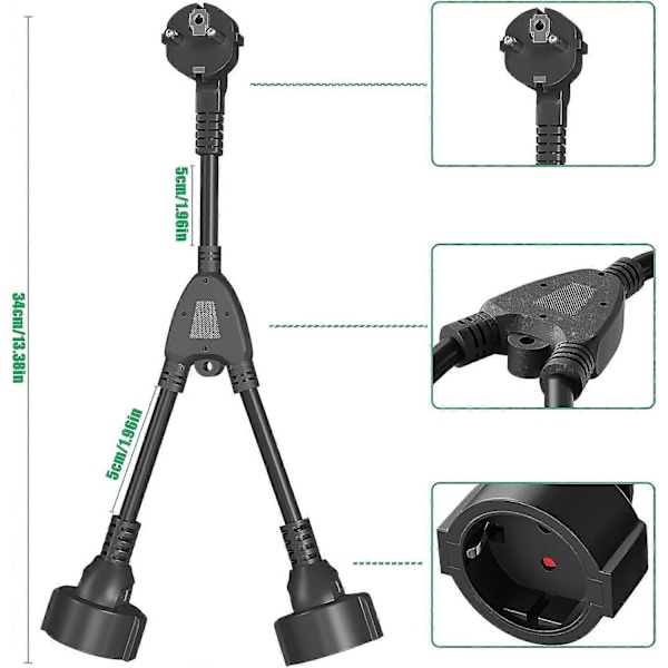 Kaksoispistorasia, Monipistorasia 2-osainen joustavalla kaapelilla, 16 A / 250 V / Max 3680 W, Saksalainen muunninpistorasia keittiöön, toimistoon, kotiin, B