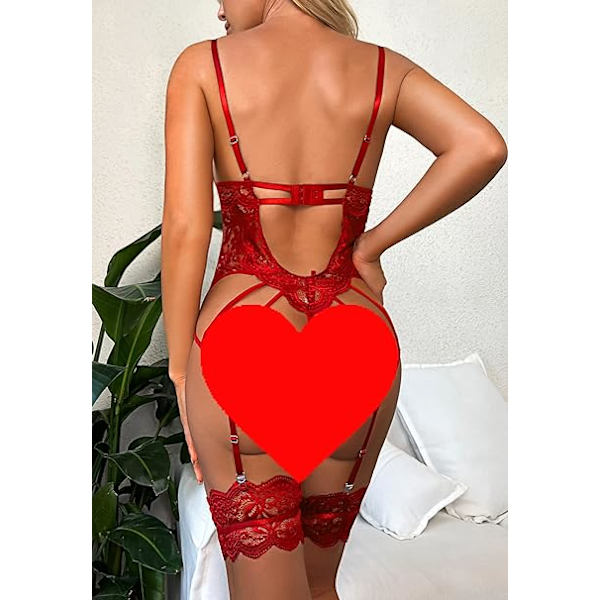 Kvinners sexy undertøysett med strømpebånd og lårstropper - uten strømper red XL