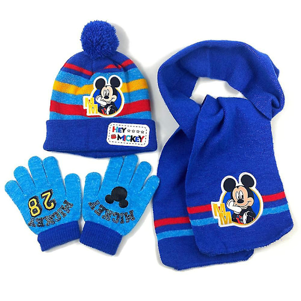 Mickey Mouse Vinter Varma Pom Stickad Mössa Halsduk Handskar Set För Barn Pojkar Flickor 3-8 År