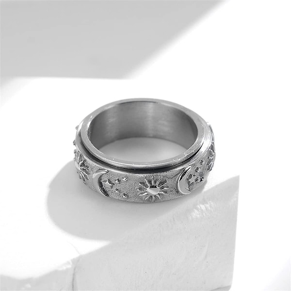 Heytea Spinnerring i rustfrit stål mod angst, fidgetringe til lindring af stress, angstring med sol, måne og stjerner, løftering, forlovelsesring, størrelse 6-12 - -