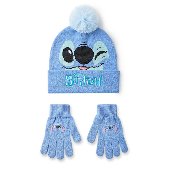 Disney Flickor Beanie och Vantar Set Blå Stitch Karaktärsansikte - One Size