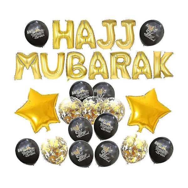 Hajj Mubarak -kirjainilmapallot, koristeellinen juhlataustan asettelu, ilmapallosetti Eid Al-fitr -juhliin (musta ja kulta)